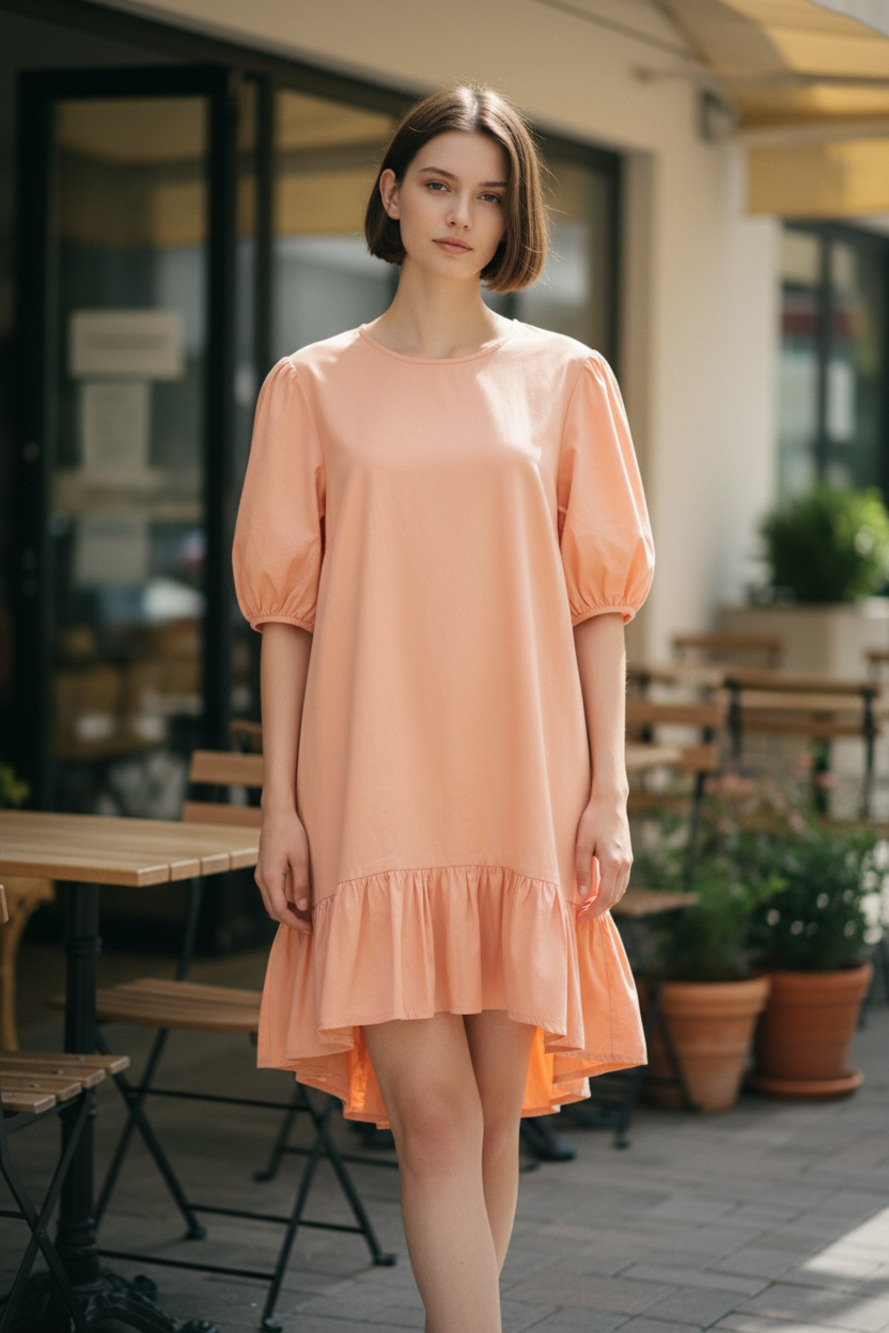Topshop Orange Mini Dress with Puff Sleeves and Ruffled Hem